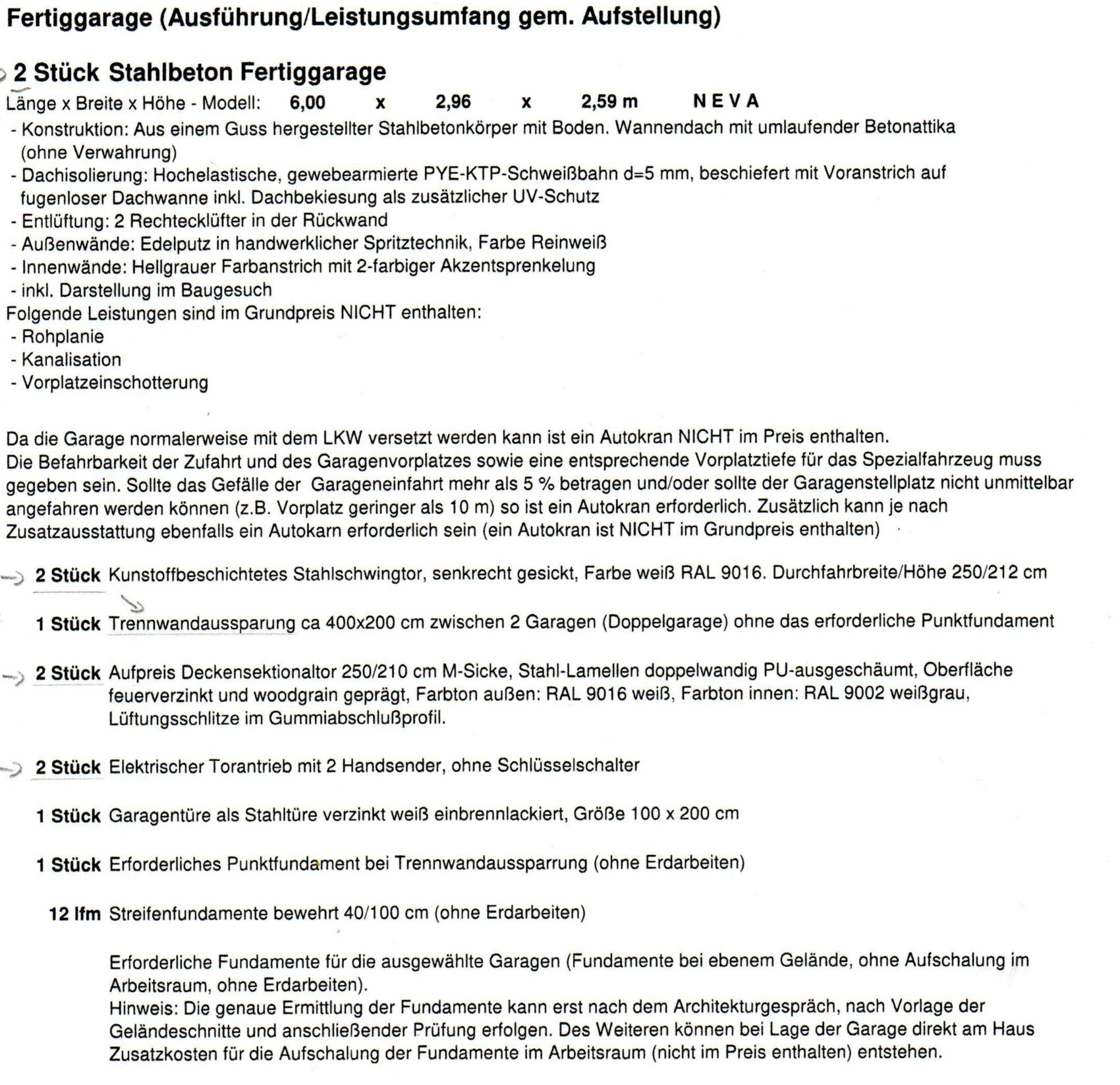 Seite mit Details zu 2 Stahlbeton-Fertiggaragen, Maßen 6,00 x 2,96 x 2,59 m, Leistungsumfang.