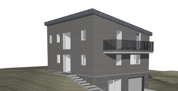 3D-Rendering eines zweistoeckigen Hauses mit dunkler Fassade, Balkon und Garage