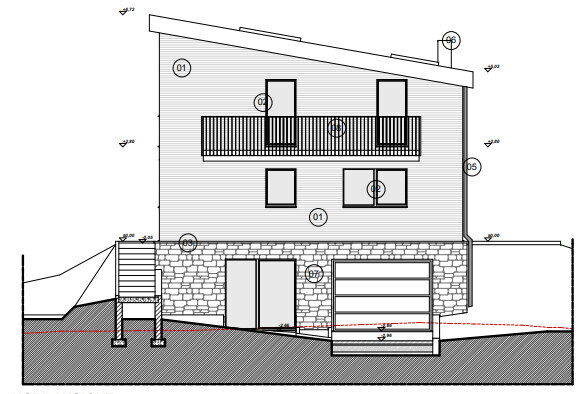 Außenansicht eines zweistöckigen Hauses mit Balkon, Steinbasis und Garage.