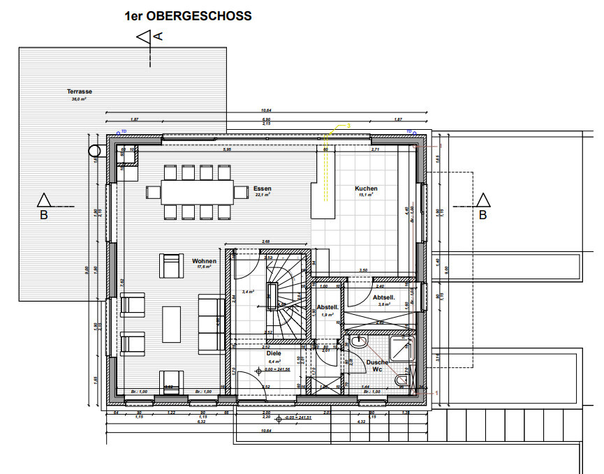 Grundriss 1. Obergeschoss: Terrasse, Wohnen, Essen, Küche, Diele, Abstellräume, Dusche/WC.