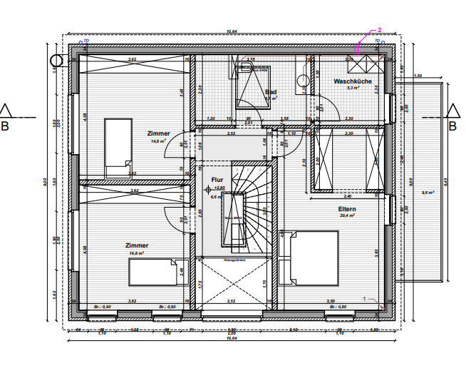 Grundriss eines Obergeschosses mit Elternzimmer, mehreren Zimmern, Flur und Waschküche