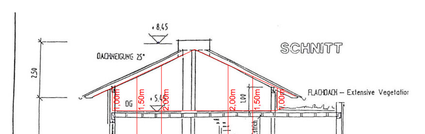 Schnittzeichnung eines Hauses mit geneigtem Dach, Dachneigung 25°, sichtbare Maßlinien.