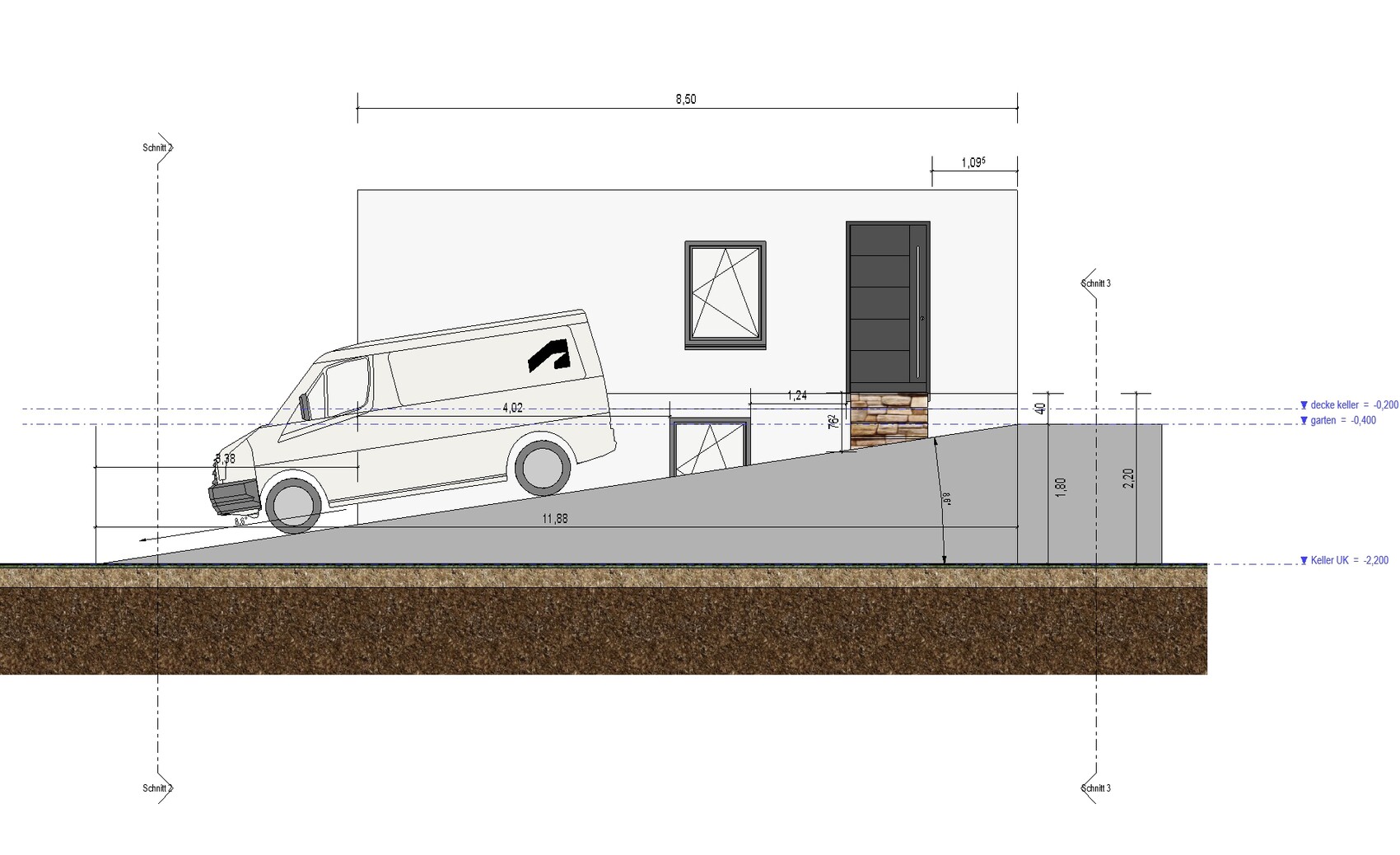 Architektur-Schnitt: Van auf schräger Rampe neben Haus mit Keller.