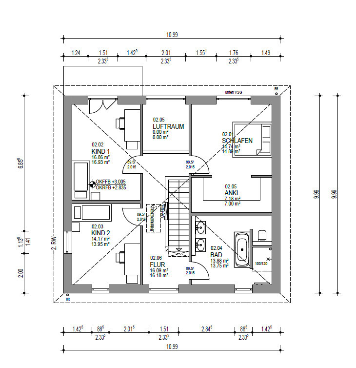 Grundriss eines Wohnhauses mit Schlaf-, Kinderzimmern, Flur, Bad, Ankleide und Treppe.