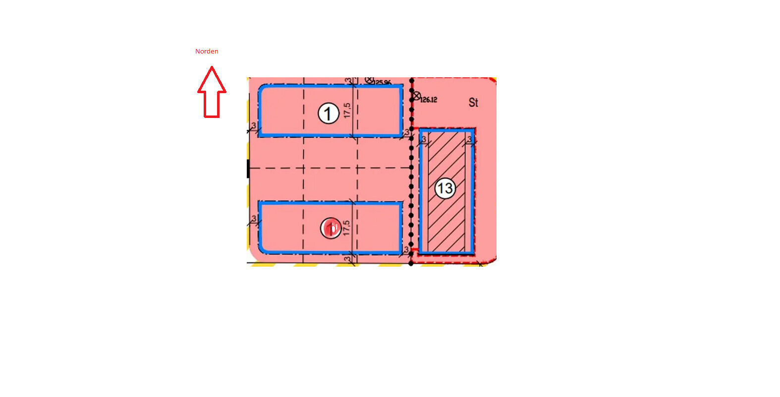 Grundrissplan: Norden-Pfeil, rosa Fläche mit blauen Rechtecken, Zonen 1 und 13