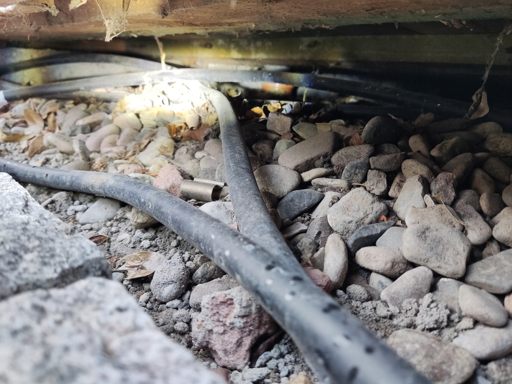 Unter dem Holzboden liegen Kieselsteine, schwarze Kabel und Staub, teils mit Spinnweben.