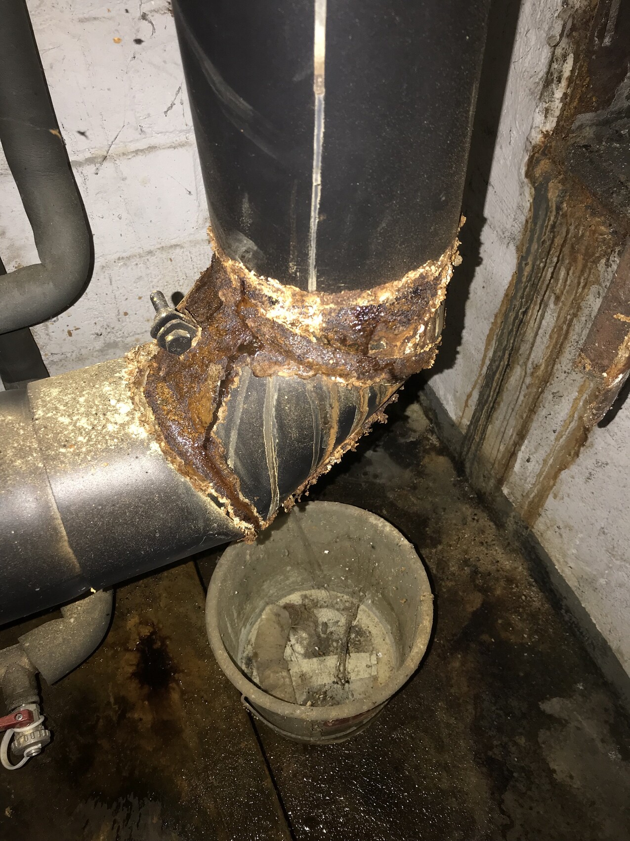 Rostiges Verbindungsstück eines schwarzen Abflussrohrs; stark korrodiert, Eimer darunter fängt Wasser.