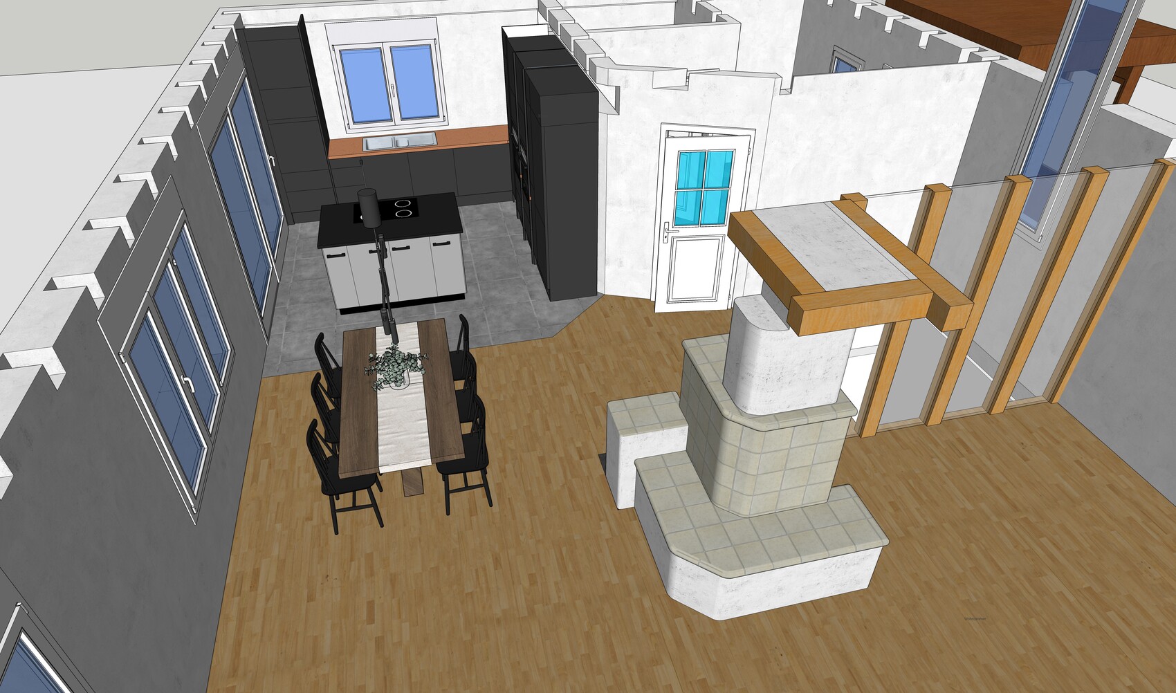 3D-Render eines offenen Küchen- und Essbereichs mit Insel, Esstisch und großen Fenstern.