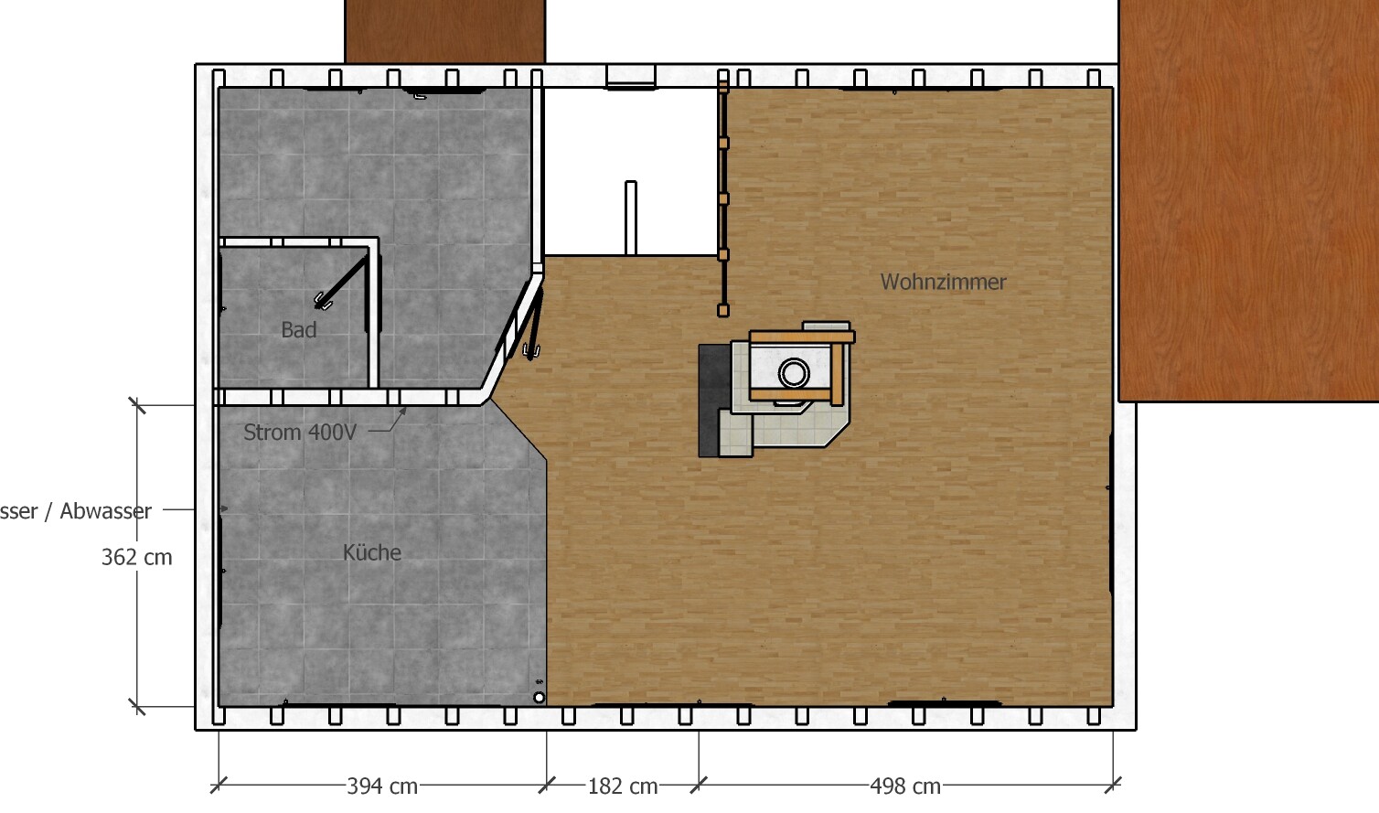Grundriss eines Hauses: Küche, Bad, Wohnzimmer; Strom 400V; Maße angegeben.