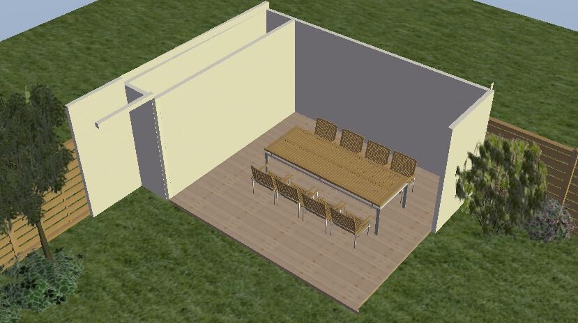 3D-Rendering einer offenen Gartenlaube: langer Holztisch mit Stühlen auf Holzboden.