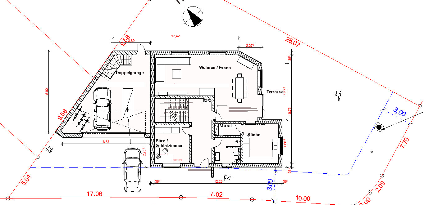 Grundrissplan eines Hauses mit Garage, Wohnzimmer, Küche und Terrasse