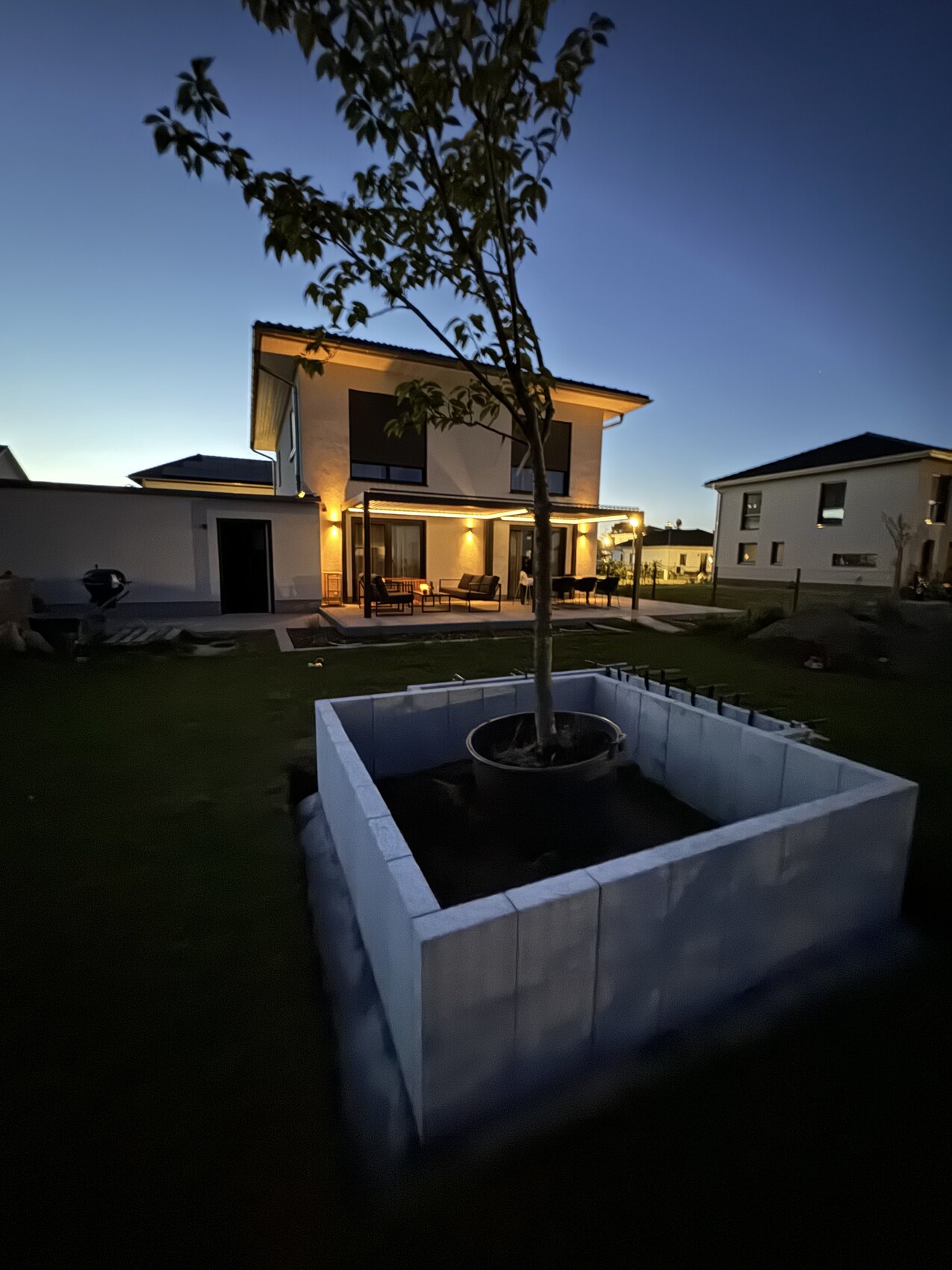 Modernes zweigeschossiges Haus mit beleuchteter Terrasse; Baum im quadratischen Pflanzbecken vorn.