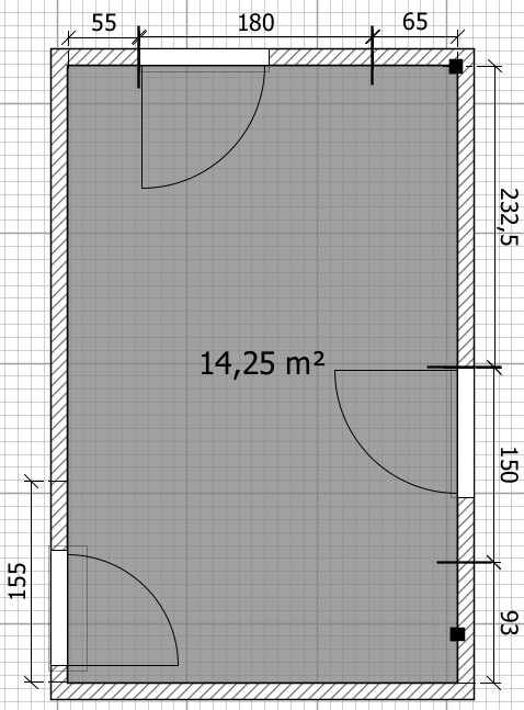 2D-Grundriss eines 14,25 m2 Raums mit Türen und Maßlinien