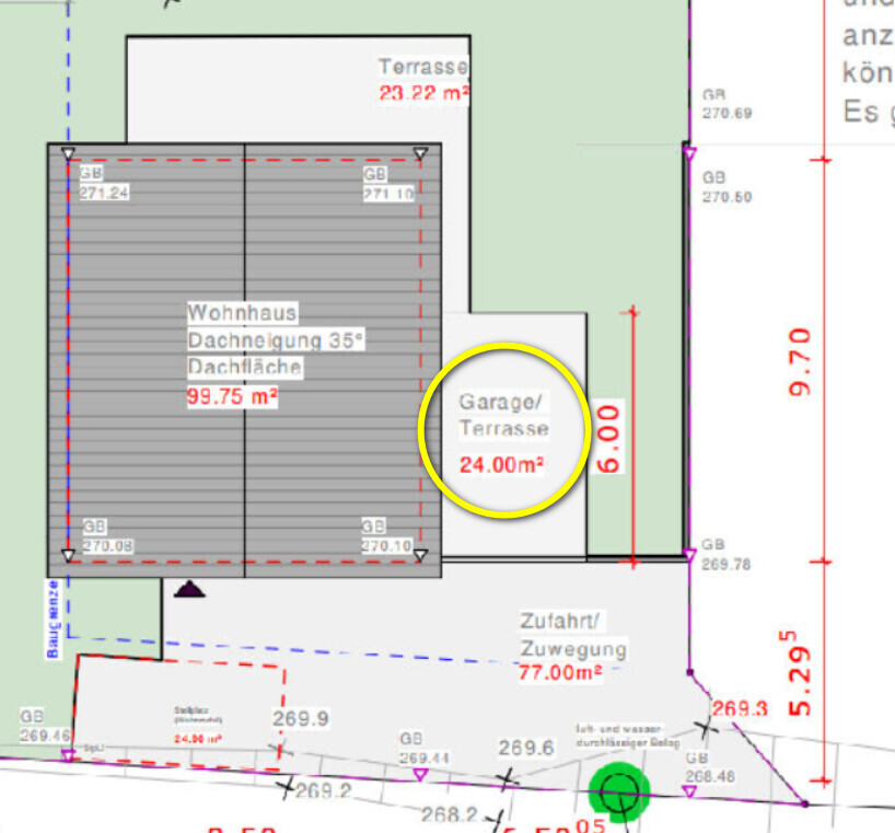 Grundriss: Wohnhaus mit Dachneigung 35°, Garage/Terrasse 24 m², Terrasse 23,22 m².