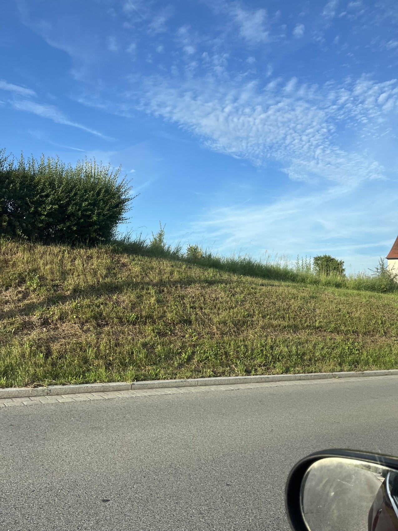 Grasböschung am Straßenrand, Busch links, Haus rechts mit rotem Dach, blauer Himmel mit Wolken.