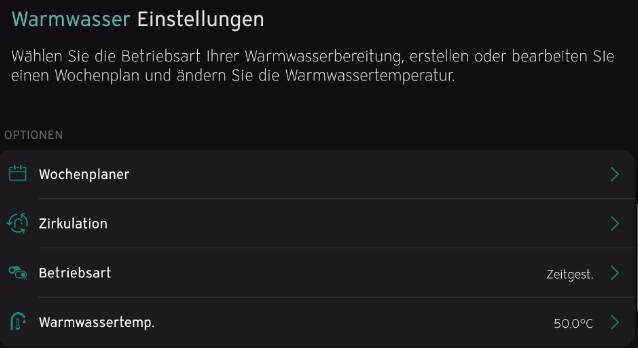 Screenshot der Warmwasser-Einstellungen mit Optionen Wochenplaner, Zirkulation und Warmwassertemp