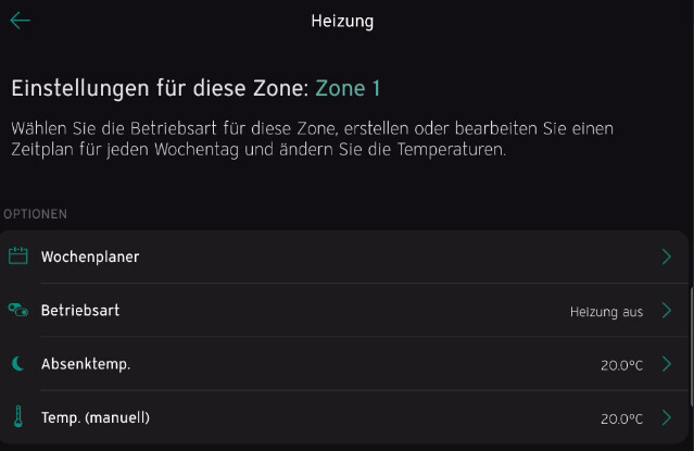 Heizungs-App: Zone 1 mit Wochenplaner, Betriebsart aus, Absenktemp 20°C, manuelle Temp 20°C