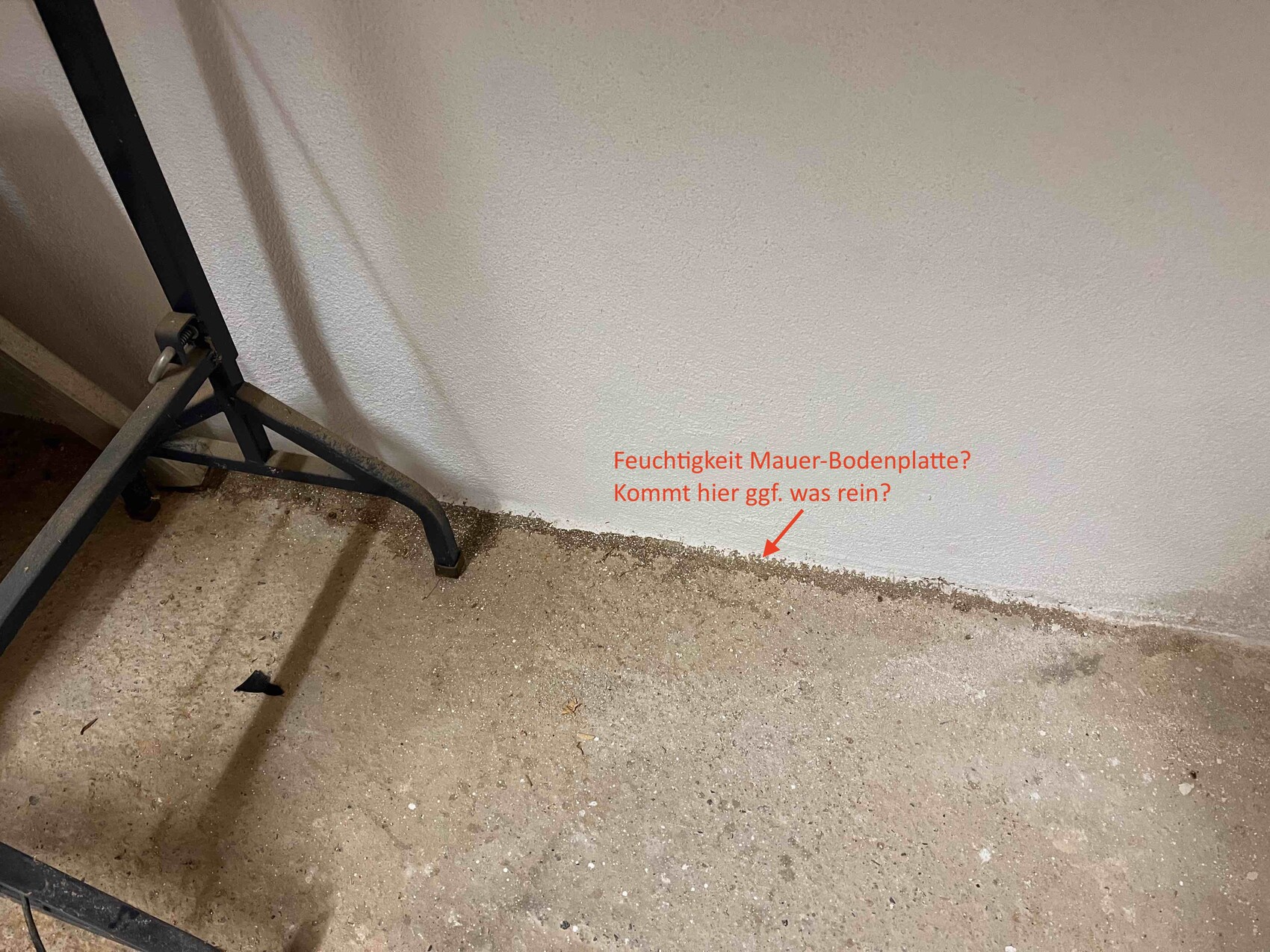 Eckige Innenraumszene mit Metallgestell; staubiger Boden; Feuchtigkeit an der Wand-Boden-Verbindung.