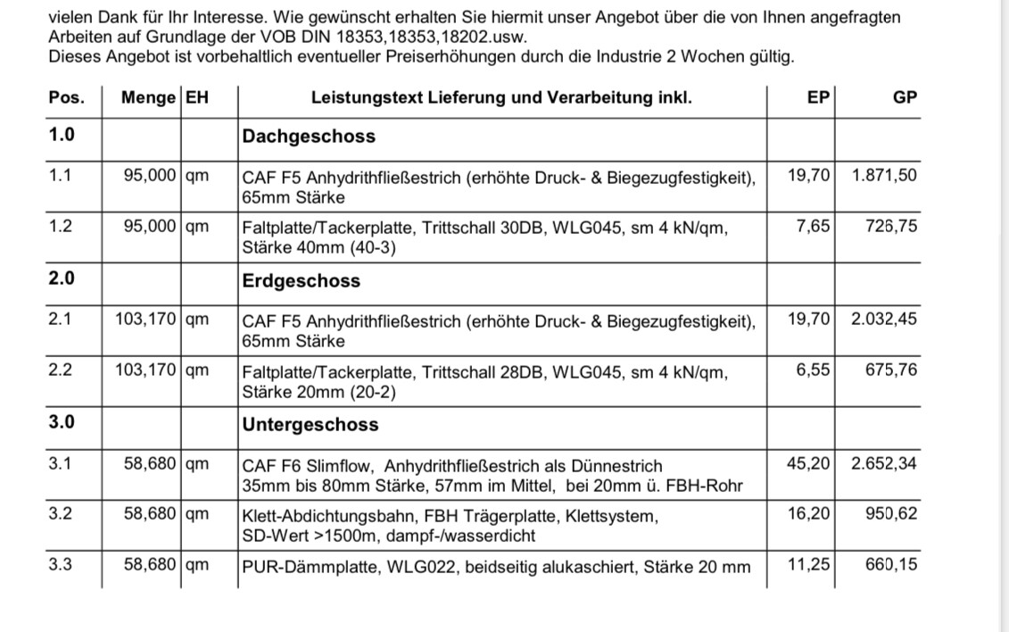 Tabelle mit Bauleistungsbeschreibung: Positionen, Mengen, Materialien.