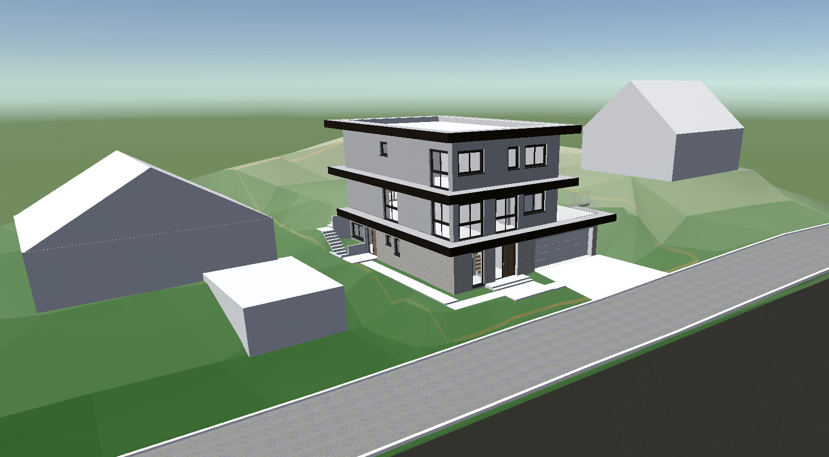 Modernes dreistöckiges Haus mit Flachdächern, großen Fenstern, am Straßenrand in hügeliger Landschaft.