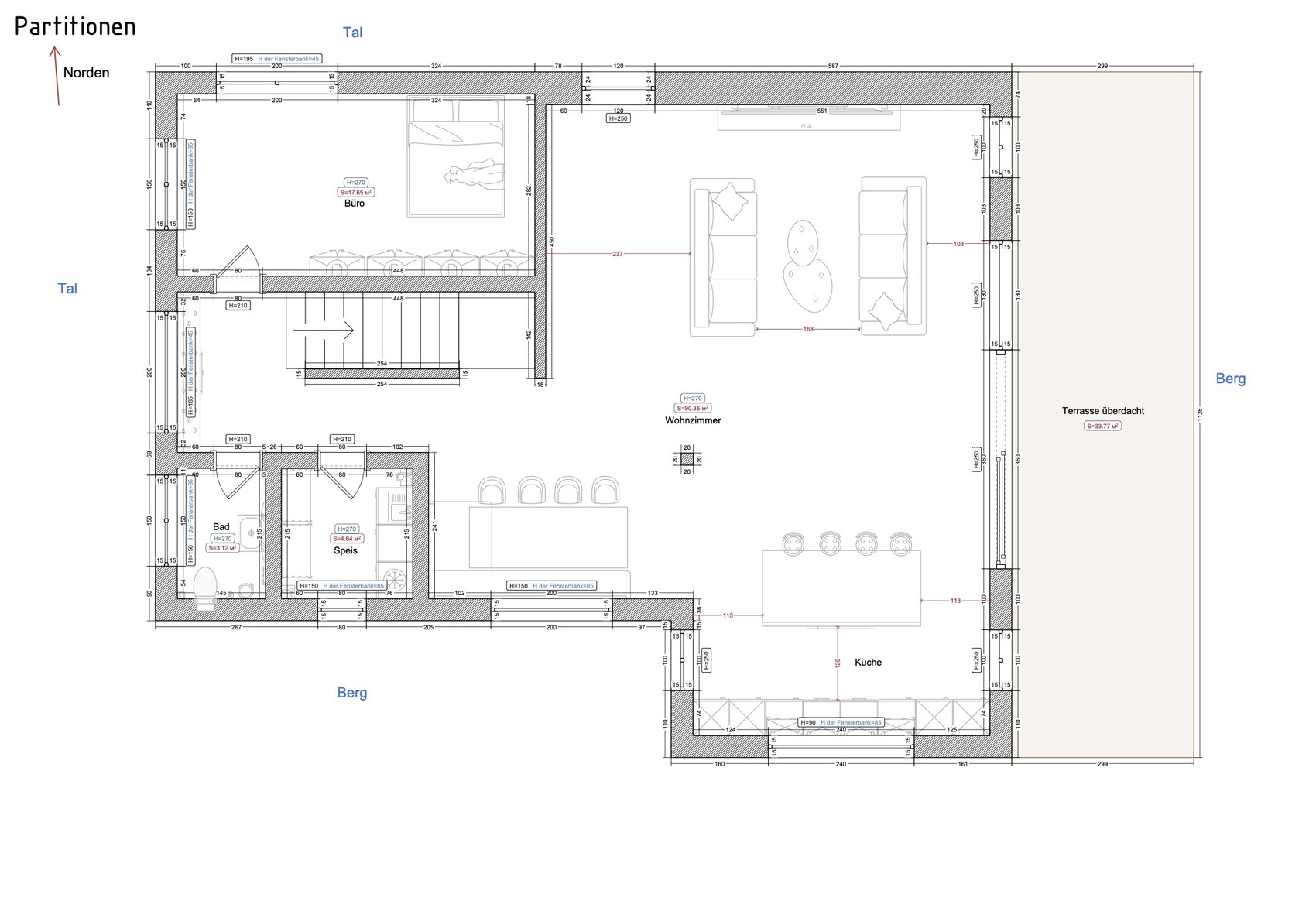 Grundriss eines Hauses mit Wohnzimmer, Küche, Speis, Bad, Büro und Terrasse überdacht.
