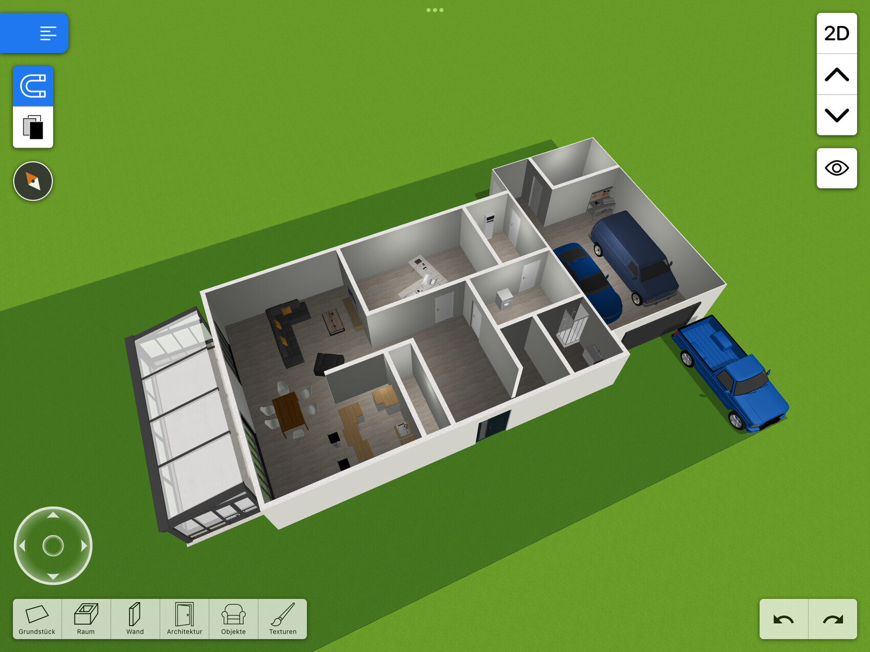 3D-Hausgrundriss: Grundriss eines Hauses mit Garage, Autos und Wohnräumen.