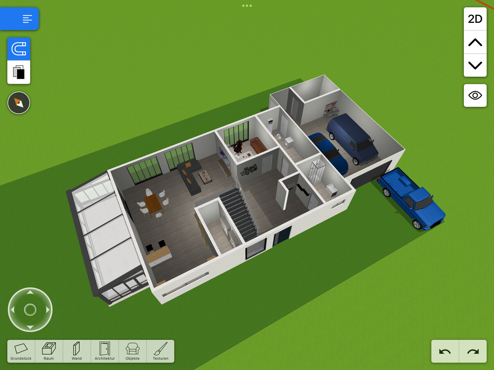 Isometrische 3D-Darstellung eines Hauses mit Garage, mehreren Autos davor und offenem Wohnbereich.