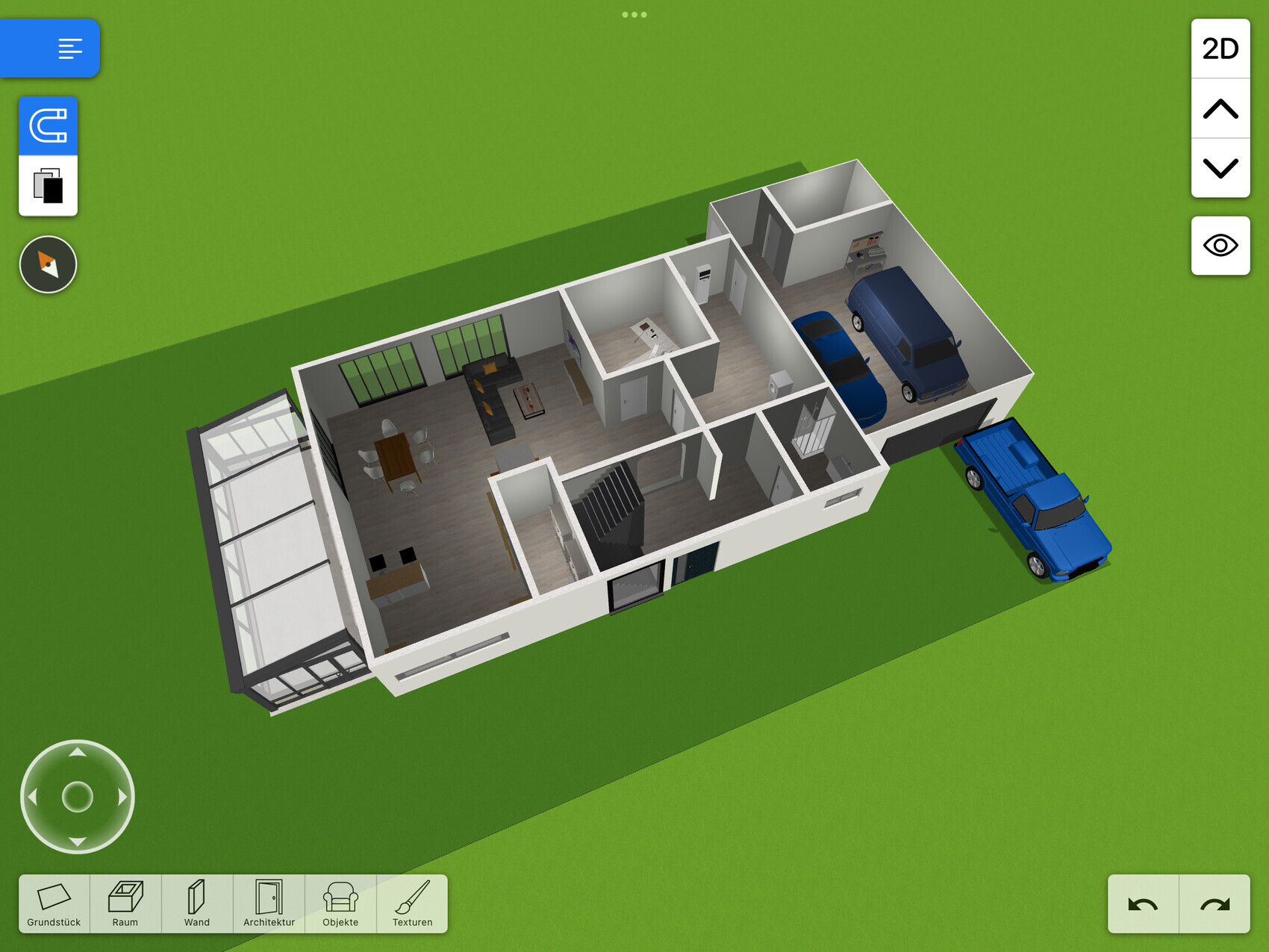 3D-Grundriss eines Hauses: Wohn-/Essbereich, Küche, Treppenhaus, Garage mit Autos.