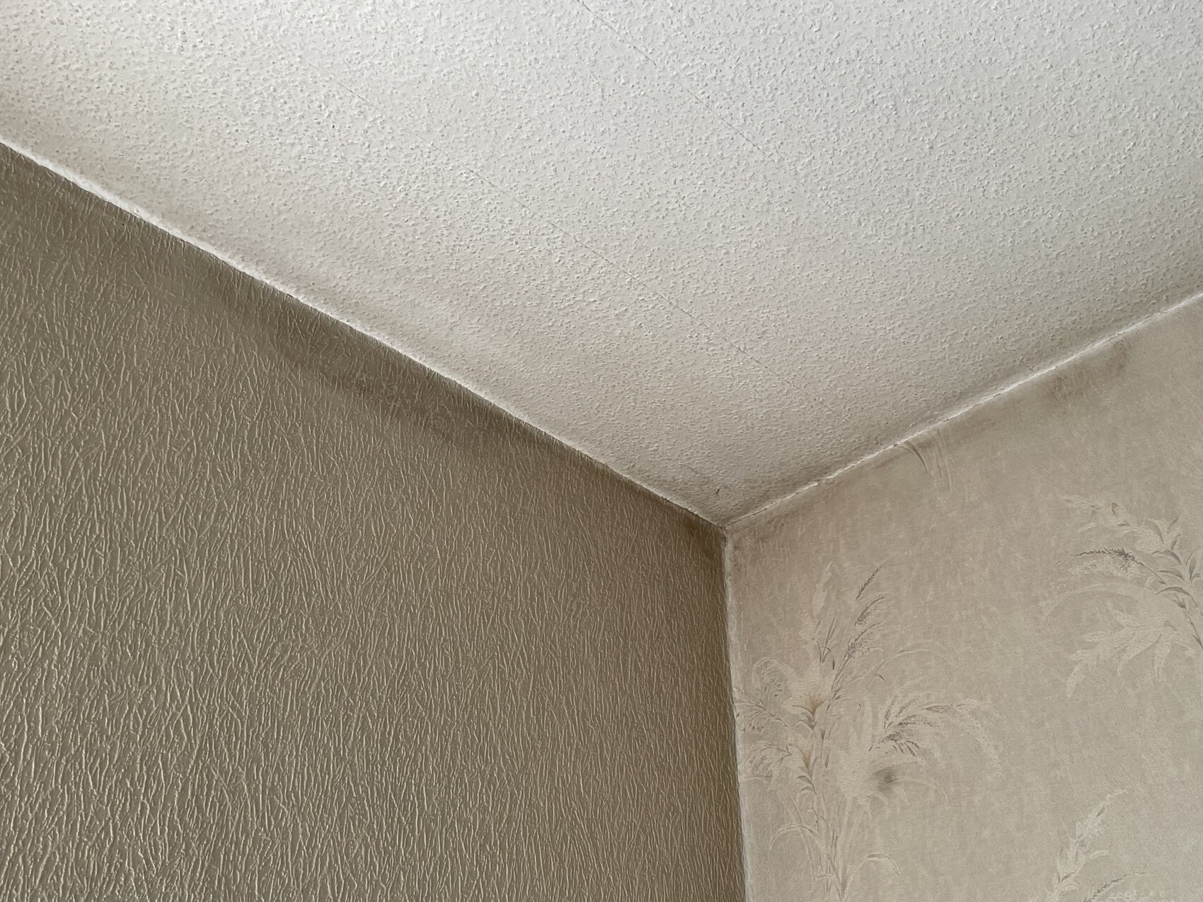 Eckansicht: linke braune strukturierte Tapete, rechte helles Blumenmuster, weiße Decke.