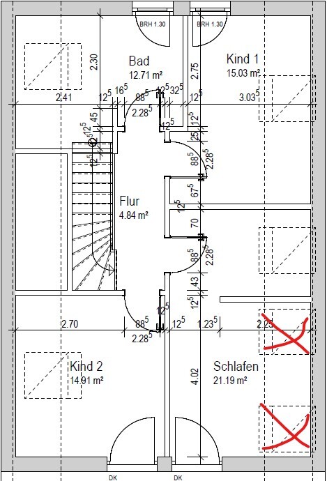 Grundriss eines Wohnhauses mit Flur, Bad, Schlafen, zwei Kinderzimmer und Treppe.
