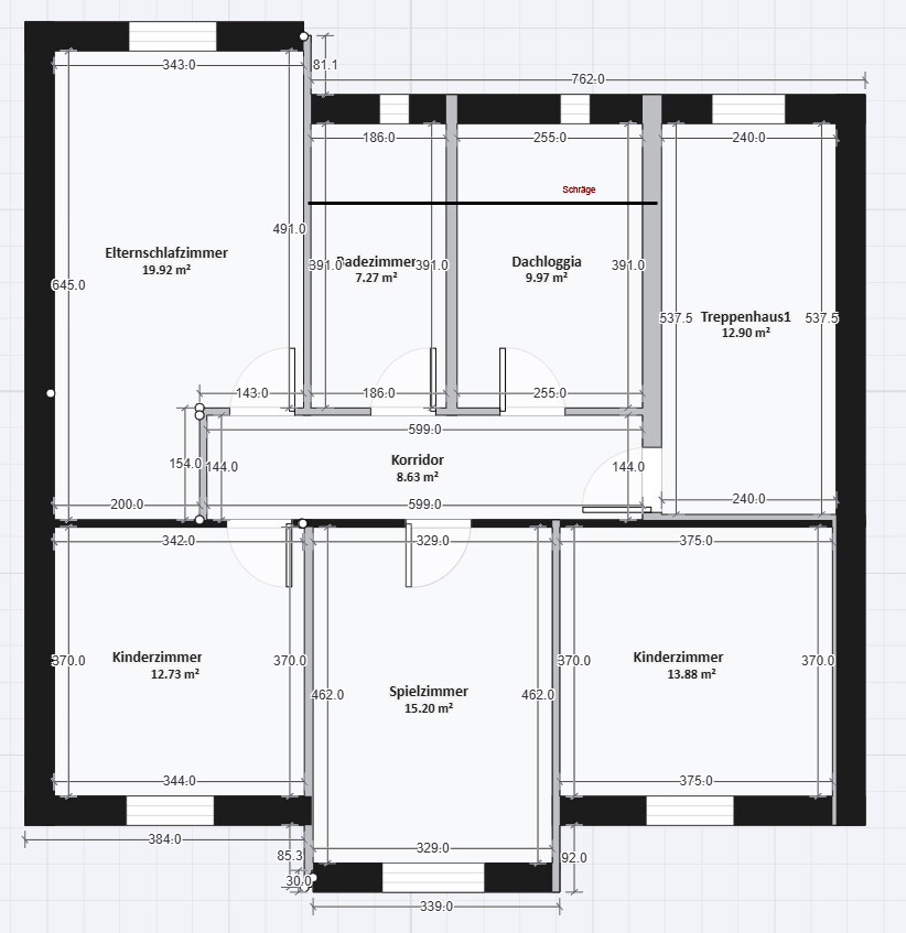 2D-Grundriss eines Hauses mit Schlafzimmern, Kinderzimmern, Spielzimmer, Korridor und Treppenhaus