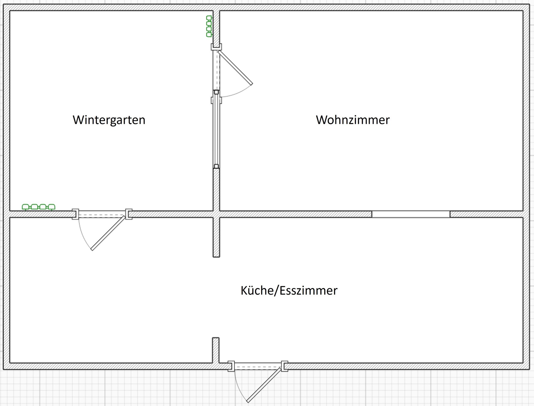 2D-Grundriss eines Wohnbereichs mit Wintergarten, Wohnzimmer und offener Küche/Esszimmer