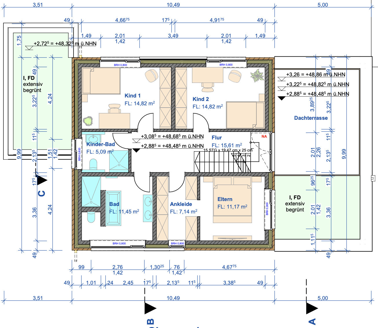 Detaillierter Grundriss eines Hauses mit Kinderzimmern, Elternzimmer, Bad und Flur