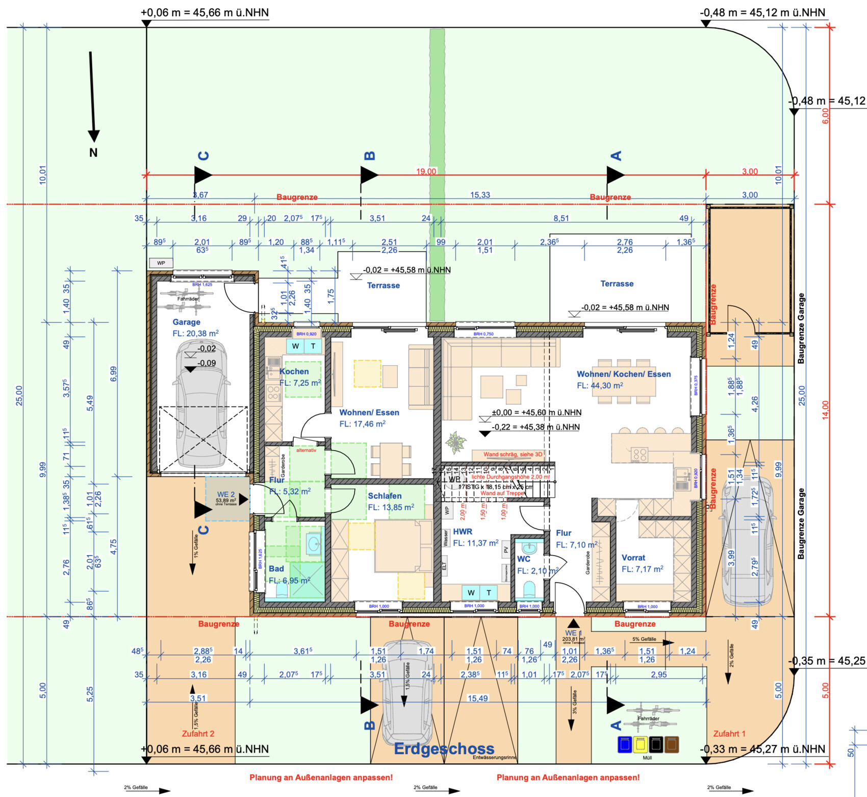 2D-Grundriss eines Einfamilienhauses, Erdgeschoss mit Garage, Terrasse und Wohnbereich.