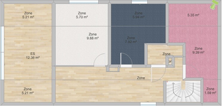 Detaillierter Grundrissplan eines Hauses mit mehreren Zonen, Zimmern und Treppe in farbiger Codierung.