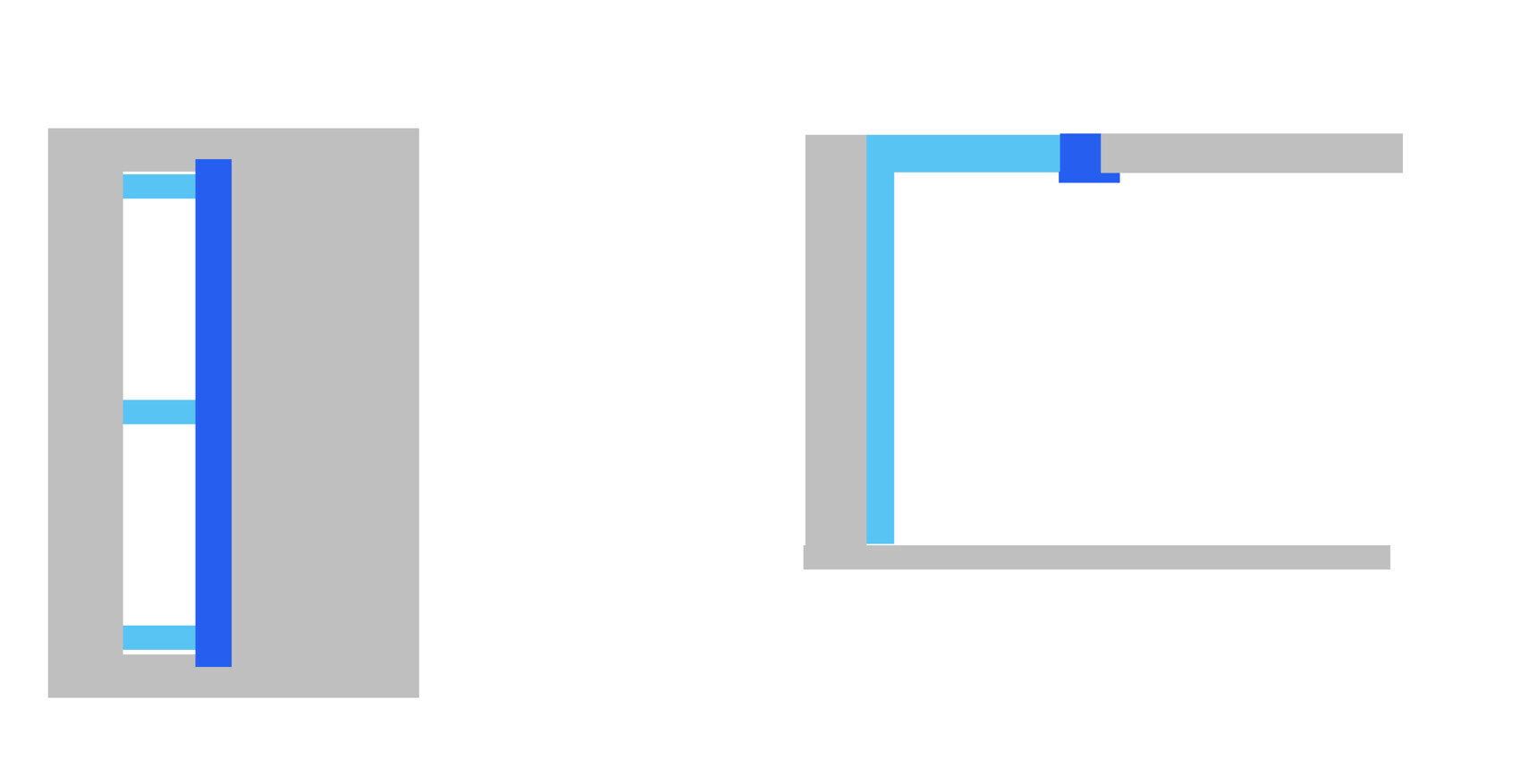 Zwei abstrakte Bauzeichnungen: graue Rahmen, blaue Bauteile zeigen Tür-/Fensterbereiche