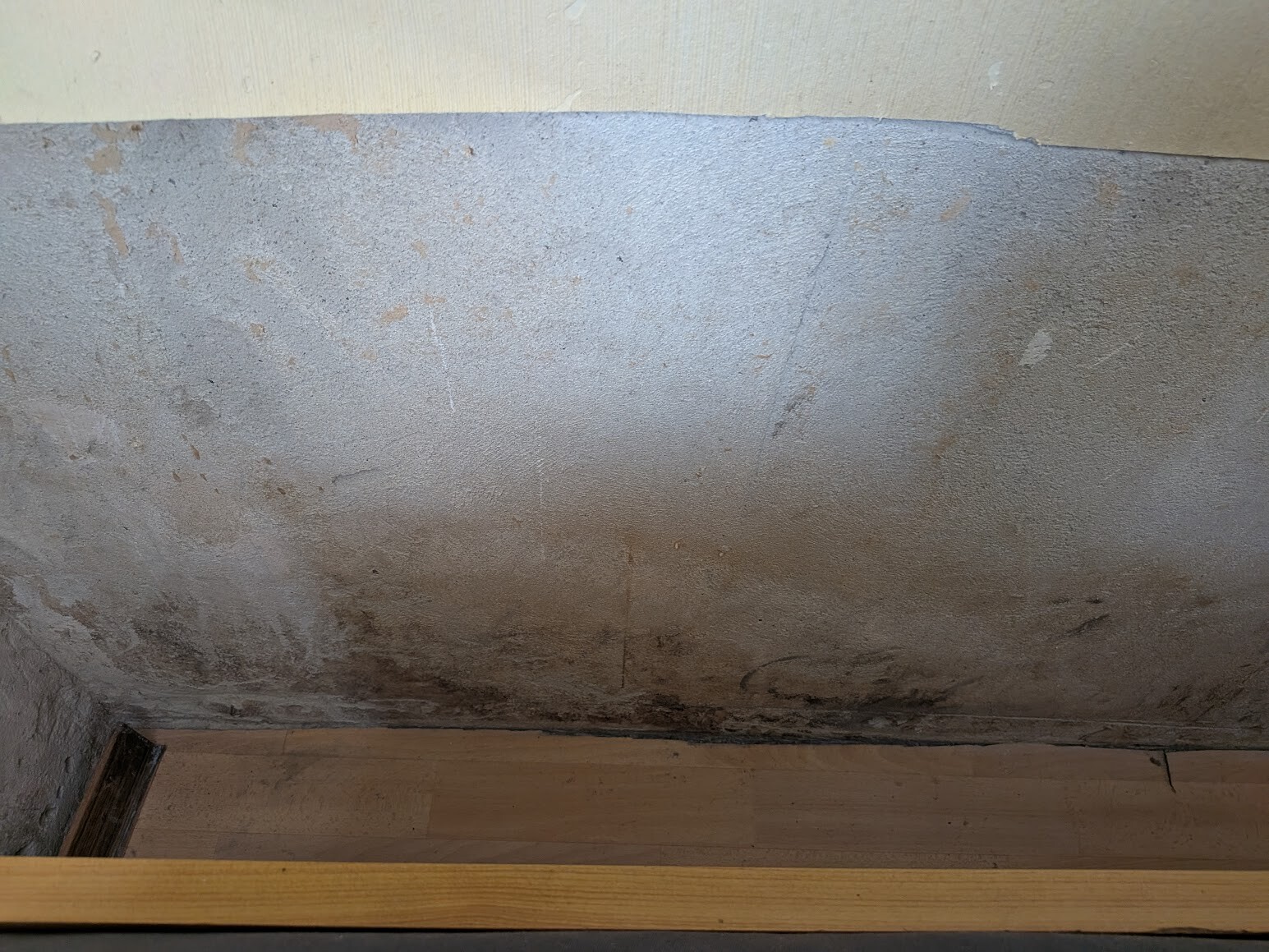 Kellerwand mit Feuchtigkeitsschäden und dunklen Flecken am unteren Bereich