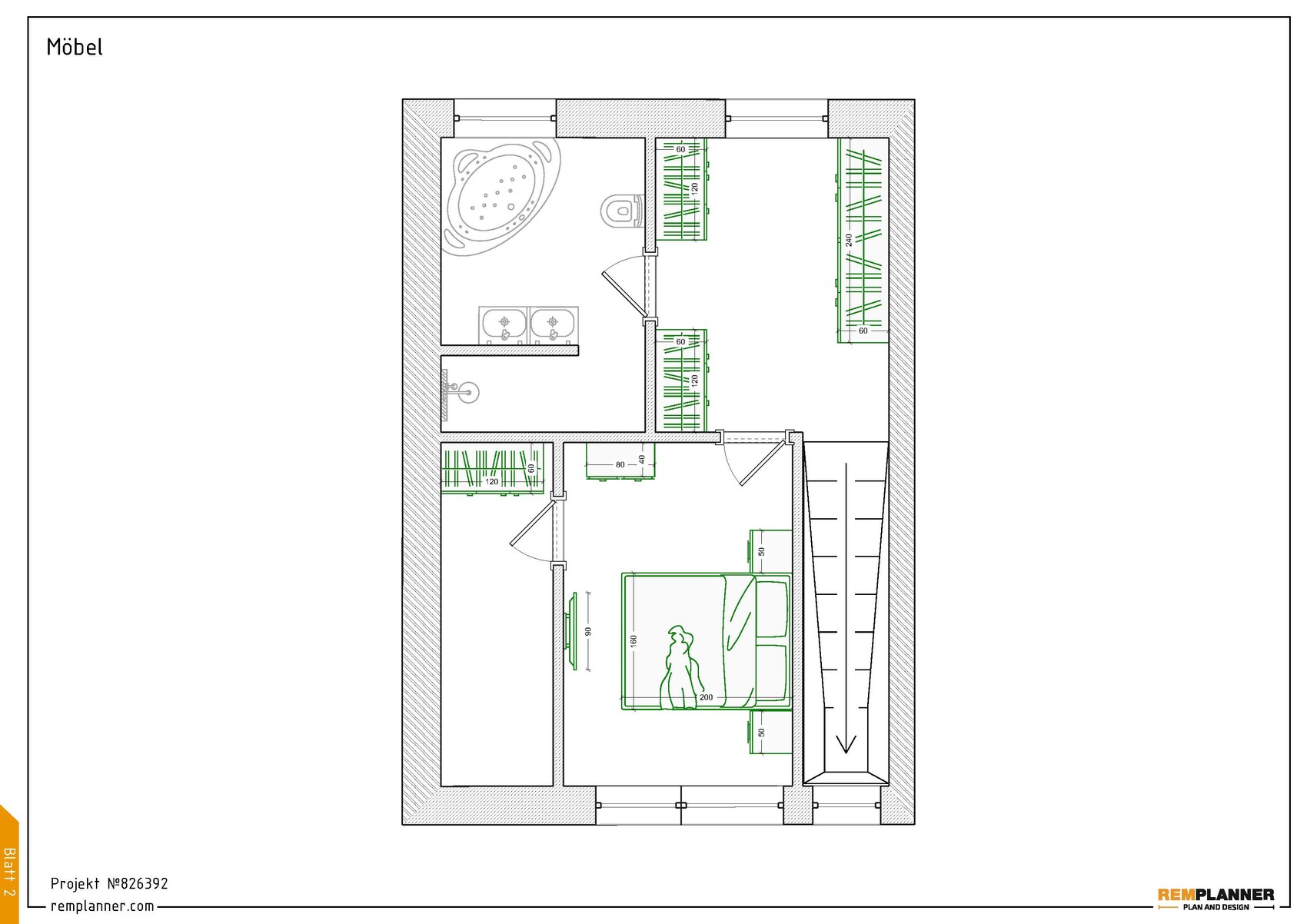 2D-grundriss-plan-einer-wohnung-mit-badezimmer-schlafzimmer-und-moebel