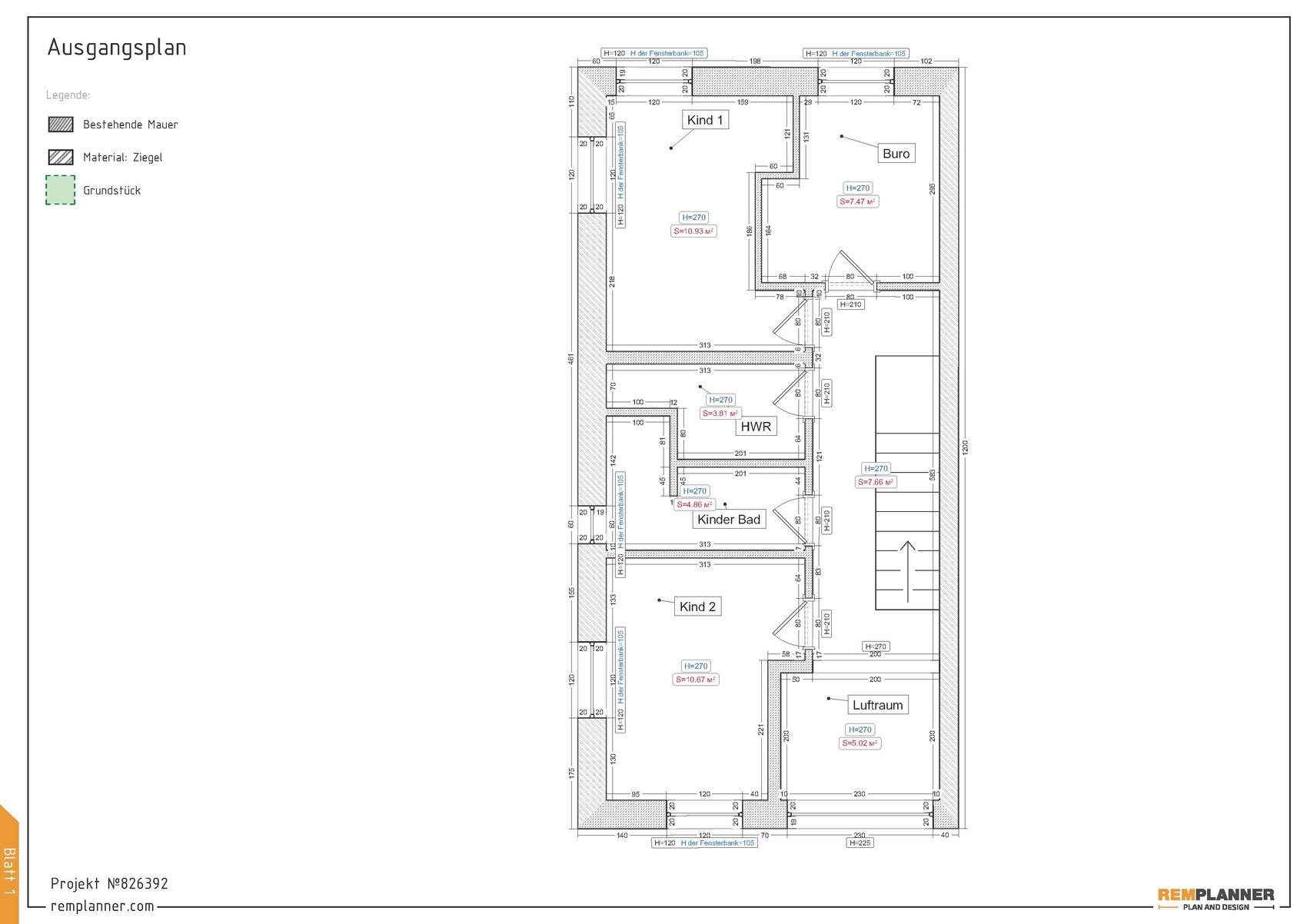 2D-Grundrissplan eines Hauses mit Kinderzimmern, Büro, HWR und Treppe