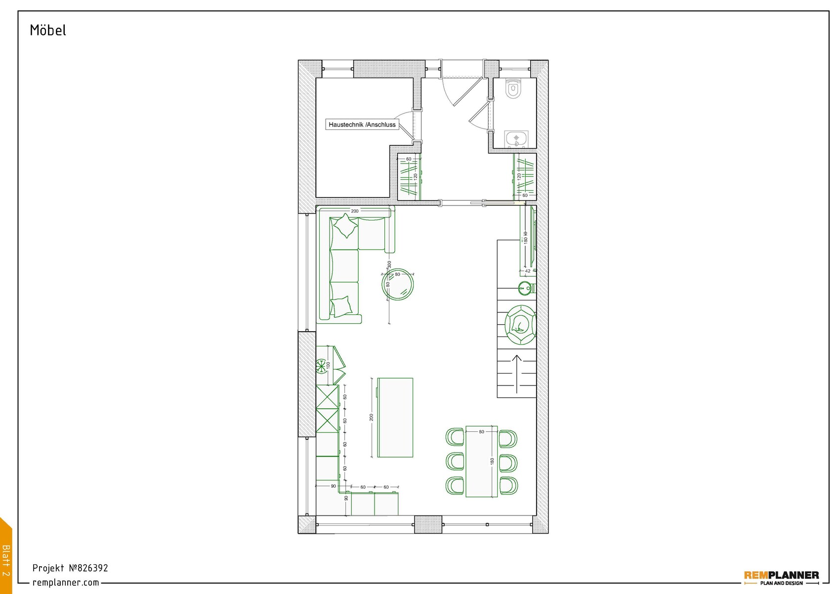 Grundrissplan eines Wohnbereichs mit Wohnzimmer, Küche und Esstisch – Möbel-Symbole