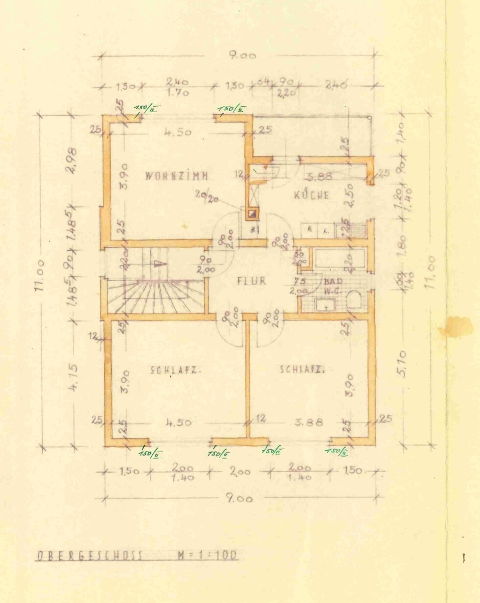 Handgezeichneter 2D-Grundriss eines Hauses mit Wohnzimmer, Küche und Flur
