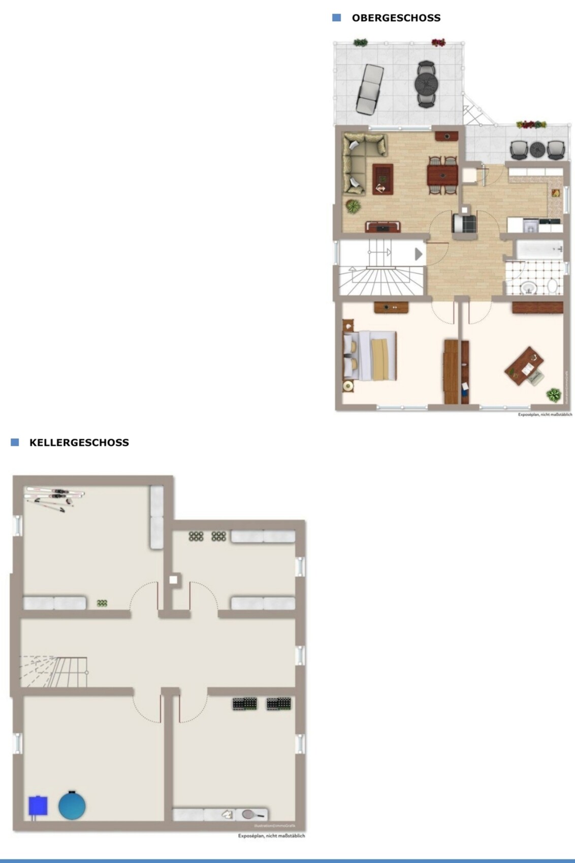 Zwei Grundrisspläne zeigen Obergeschoss und Kellergeschoss eines Hauses.