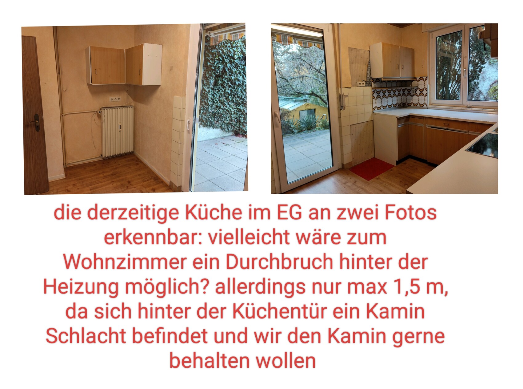 Zwei Küchenfotos einer alten EG-Küche mit Holzmobiliar und Terrasse sichtbar.