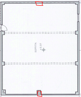 2D-Grundriss eines großen quadratischen Innenraums mit Türen an Ober- und Unterseite