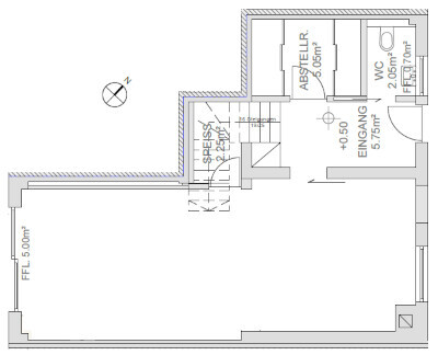 Grundrissplan mit Bad, WC und Eingangsbereich
