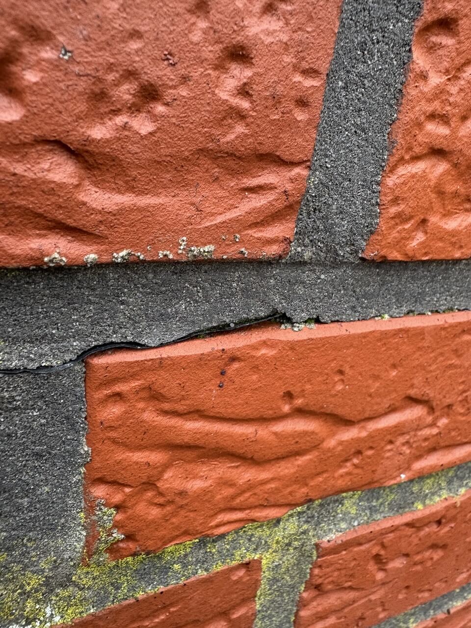 Nahaufnahme roter Ziegelwand mit grauer Moertelnaht und Moos am unteren Rand