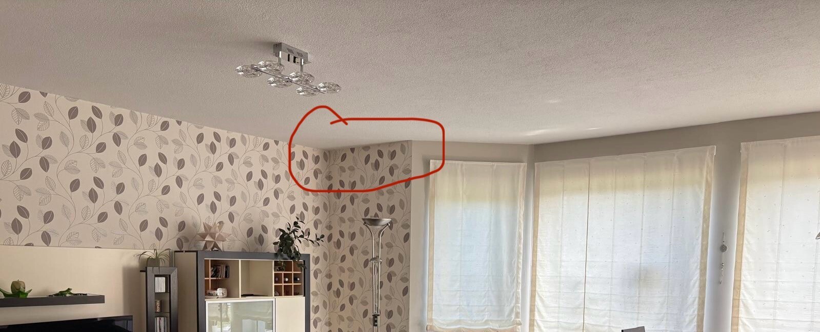 Helles Wohnzimmer mit Wandtapete mit Blattmuster, großen Fenstern und moderner Einrichtung