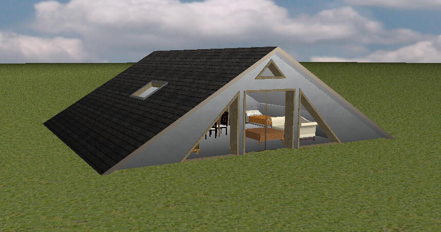 A-Frame-Haus mit steilem Dach, Glasfront und Innenraum mit Bett sichtbar