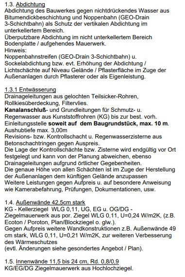 Technische Bauunterlage: Abdichtungen gegen Wasser, Drainage, Kanalanschluss und Außenwände.