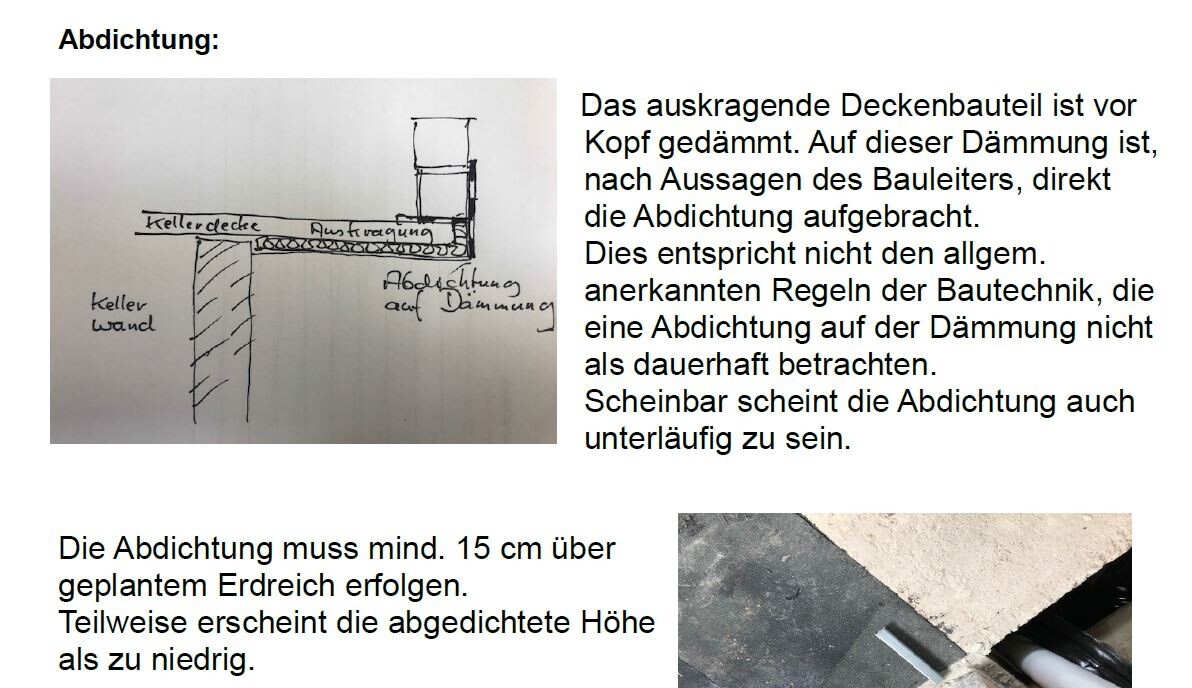 Skizze einer Abdichtung auf Dämmung an der Kellerwand, Bauzeichnung